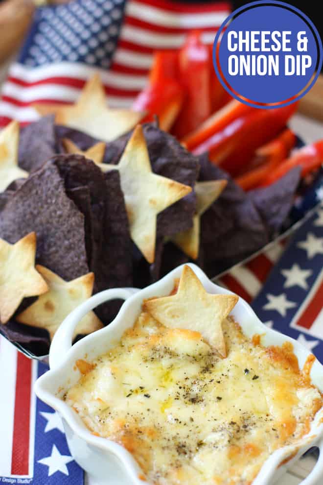 Cheese and onion dip with red peppers, blue tortilla chips, and pita stars