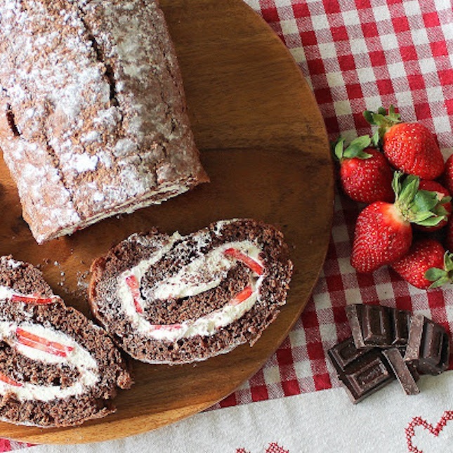 Chocolate and strawberry swiss roll