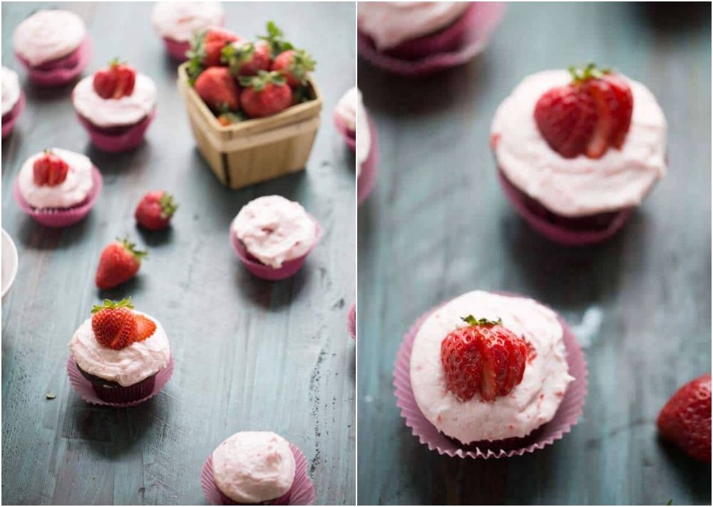 Chocolate cupcakes with strawberry frosting