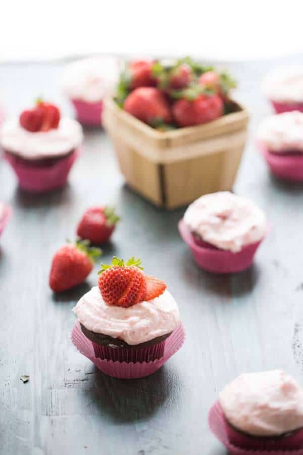 Chocolate cupcakes with strawberry frosting