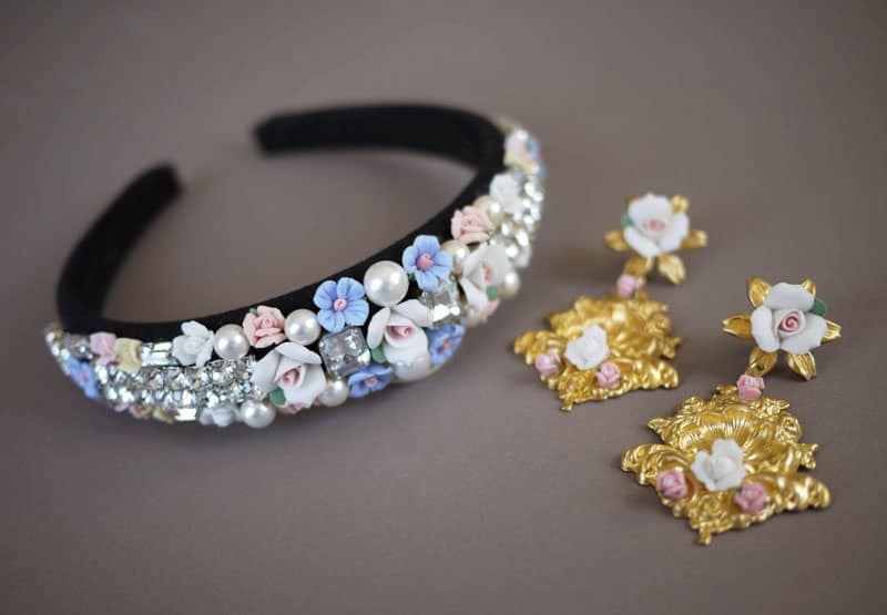 Dolce & gabbana inspired clay flower and rhinestone hairband