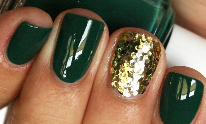 Forest green with a gold glitter accent nail