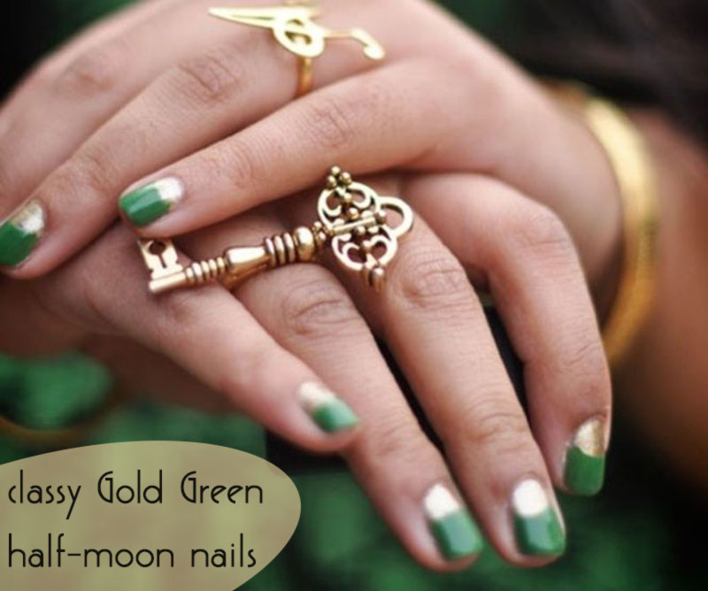 Green and gold half moon nails