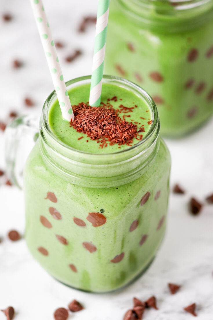 A healthy green smoothie - made more inviting by the addition of peppermint and chocolate chips