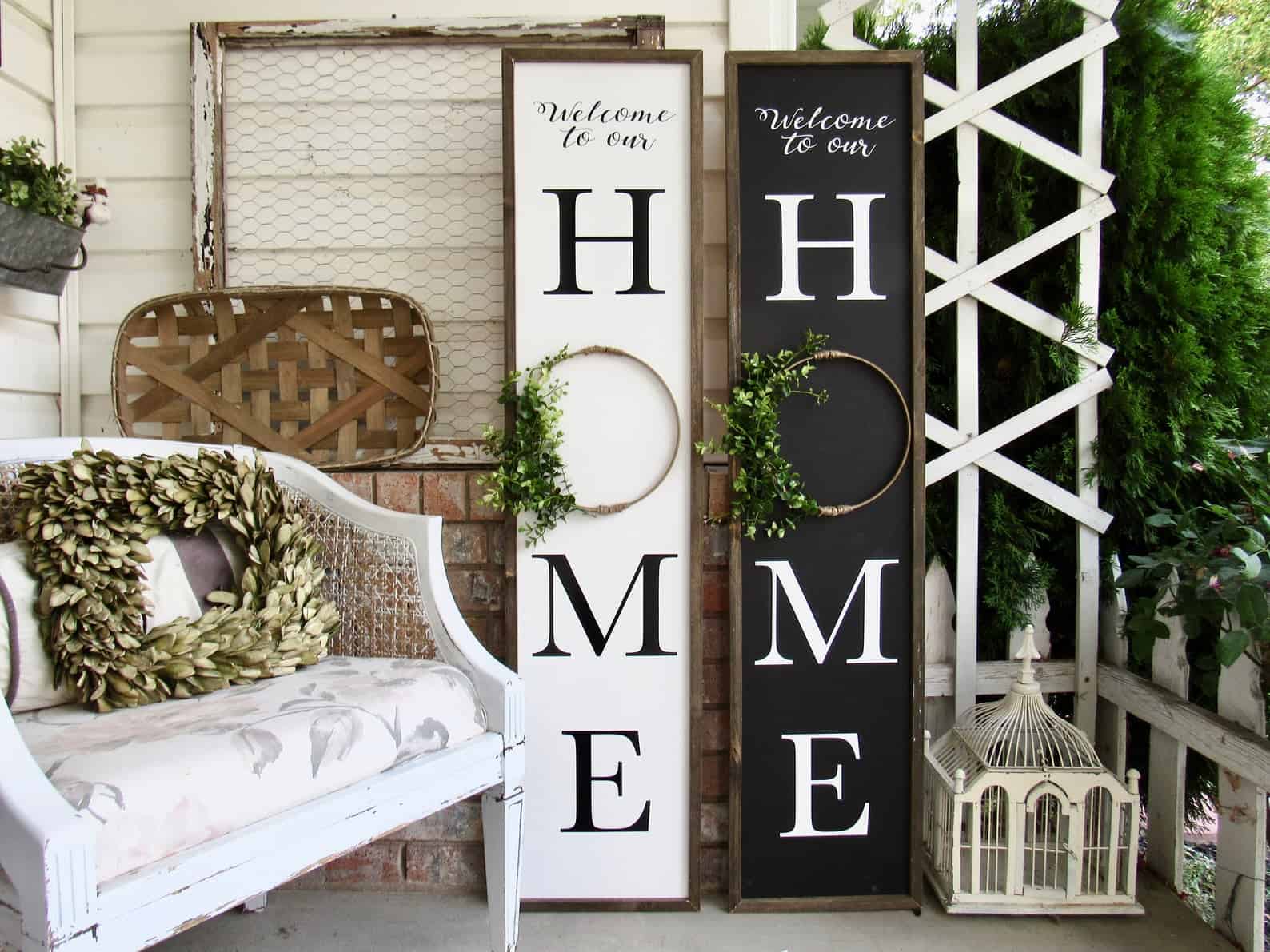 Home sign with greenery