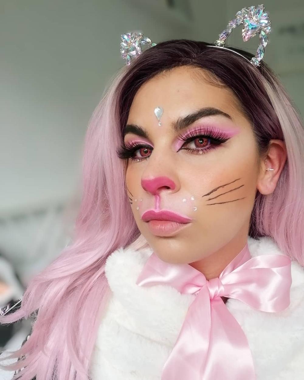 Pink cat halloween makeup for women 