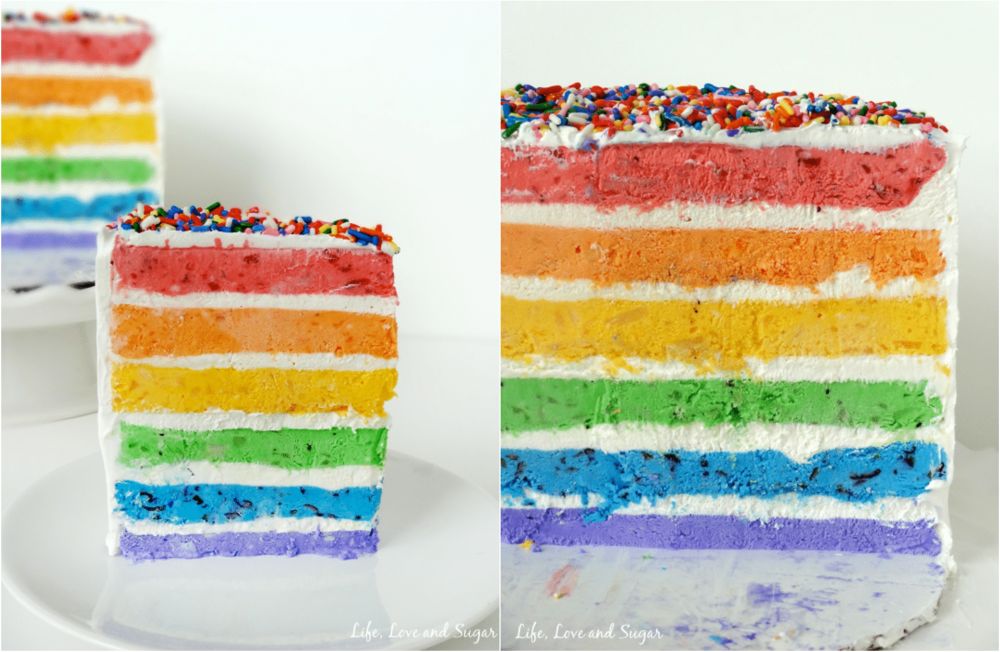 Rainbow ice cream cake with fresh fruit