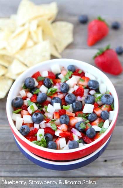 Red, white, and blue bluberry, strawberry, and jiacma salsa