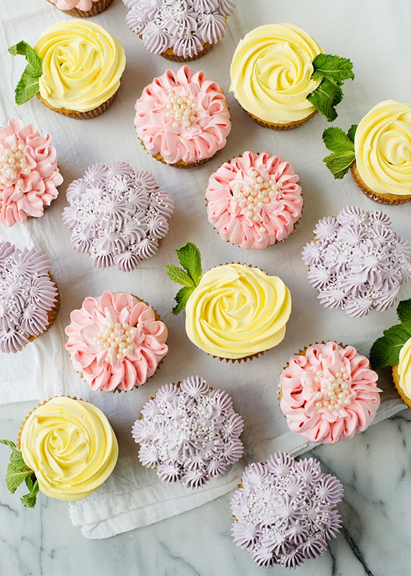 Rose, zinnia, and hydrangea cupcakes