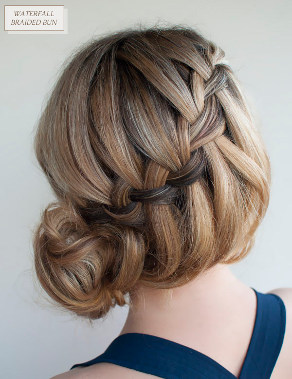 Waterfall braided bun long hairdo
