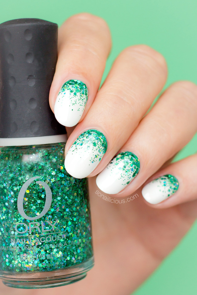 White with green glitter beds
